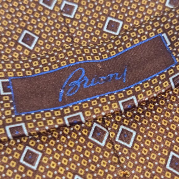Brioni Mens Tie Geometric Copper Brown Silk Italy Modern Designer 64x3.25 long - Picture 6 of 6